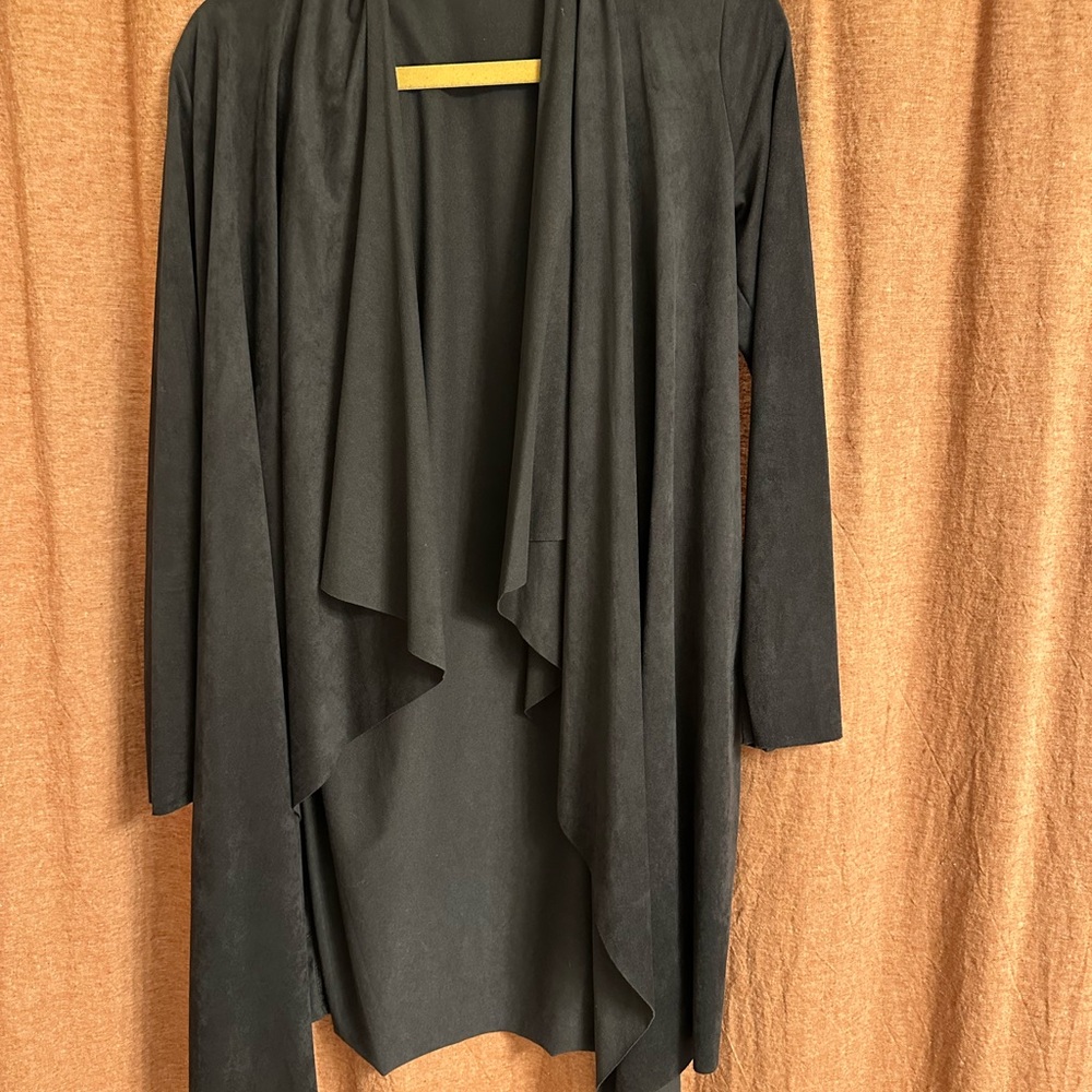 Elegant Black Faux Suede Draped Cardigan Jacket